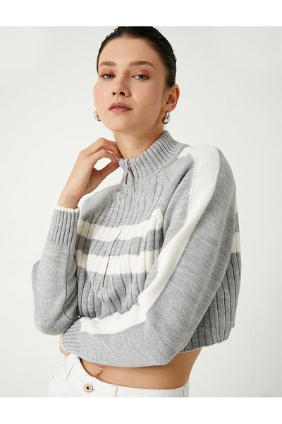 Koton Half Zipper Stand Collar Long Sleeve Striped Crop Sweater