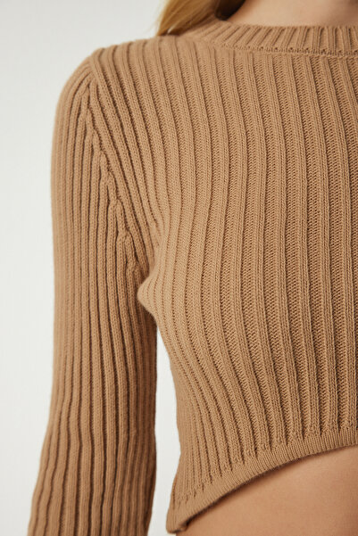 Lovelyİstanbul Corded Knitwear Crop Skirt and Top Set - Biscuit Lpf0053