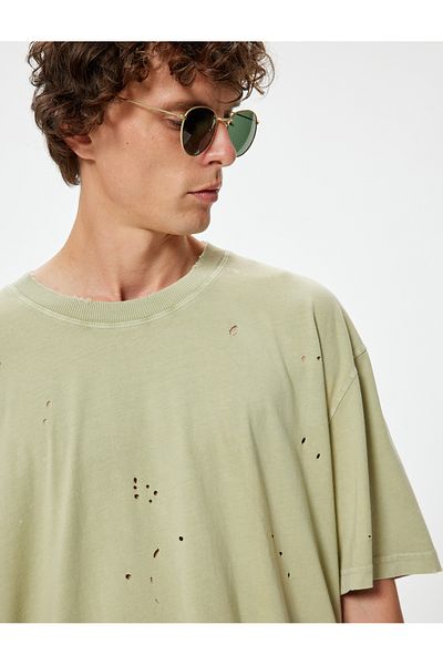 Koton Βαμβακερό μπλουζάκι Oversize - Φρέι λεπτομέρεια, κοντό μανίκι, λαιμόκοψη