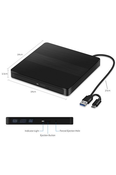 Choice محرك أقراص DVD خارجي رفيع 2 في 1 بمنفذ USB3.0 من النوع C وقارئ وناسخ أقراص CD وVCD ومشغل أقراص ضوئية لأجهزة الكمبيوتر المحمولة