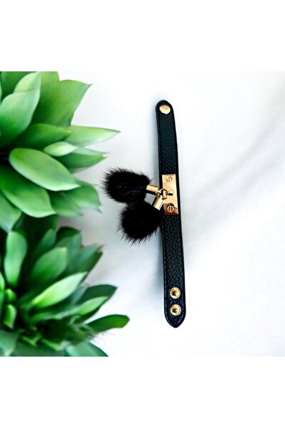 alsaccessories سوار نسائي من الجلد باللون الأسود مع تفاصيل ريشة باللون الذهبي