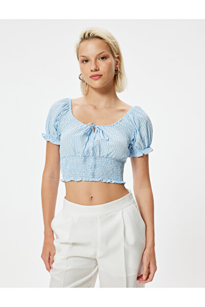 Koton Μπλούζα Poplin Crop - Μπαλόνι μανίκι και λεπτομέρεια γραβάτας Gippeli