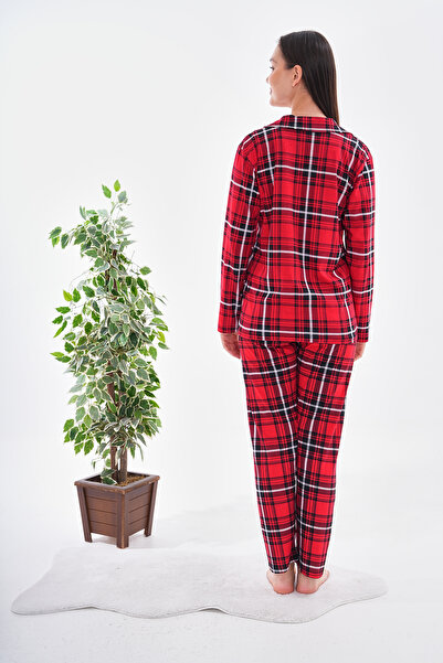 Arvin Pijama Pamuklu Düğmeli Ekose Baskılı Şık Ve Rahat Pijama Takımı Gnş
