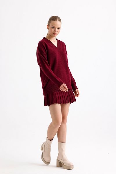 Sina Triko Burgundy Pleated Mini Skirt V Neck Pullover Bottom Top Knitwear Set