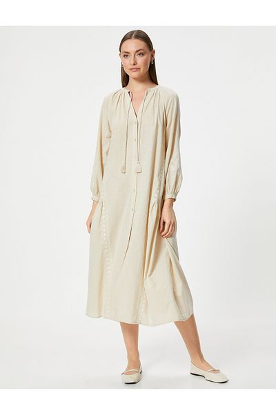 Koton Oversize μακρύ βαμβακερό φόρεμα - μακρύ μανίκι, δέσιμο γιακά, κεντημένη λεπτομέρεια