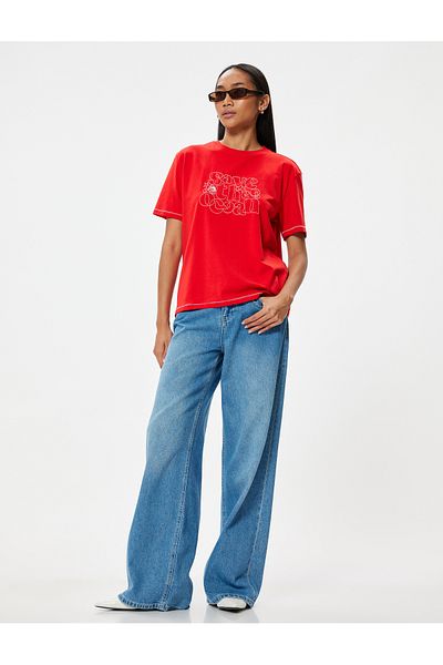 Koton Crew Neck Slogan Embroidered Short Sleeve T-Shirt