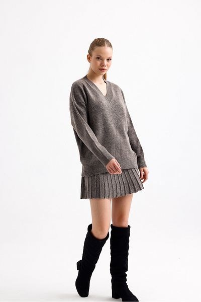 Sina Triko Mink Pleated Mini Skirt V-Neck Sweater Bottom Top Knitwear Set
