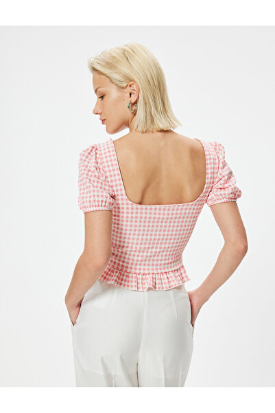 Koton Tričko Gingham Peplum Crop Bow Detailní nařasený Slim Fit