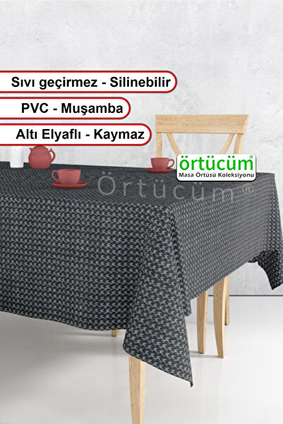 Örtücüm Siyah Örgü Desenli Leke Tutmaz Silinebilir Pvc Astarlı Muşamba Masa Ö...