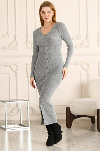 Cockatoo Γυναικείο φόρεμα με λαιμόκοψη σε σχήμα V, μήκους μίντι, με κοτλέ κουμπιά, πλεκτό μολύβι φόρεμα