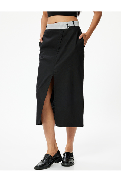 Koton Midi Boy Keten Kalem Etek Önden Yırtmaç Detaylı Beli Kontrast Detaylı Slim Fit