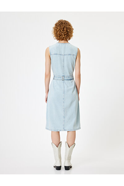 Koton Midi Gömlek Elbise Kot Kemerli Bisiklet Yaka Düğmeli Cep Detaylı