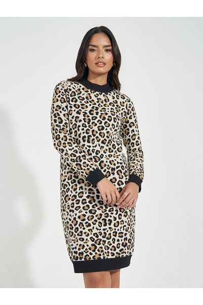Styli Animal Print Knit Sweater Knee Length Dress