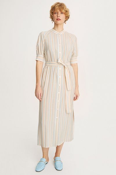 Perspective Clive Comfortable Fit Collar Midi Length Striped Patterned Multicolored Dress
