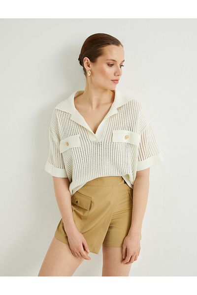 Koton Openwork Sweater Polo Collar Short Sleeve Buttoned