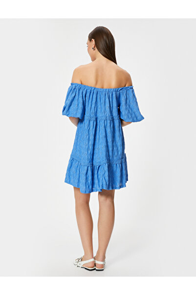 Koton Omzu Açık Fisto Elbise Mini Boy Kısa Kollu Katlı Astarlı