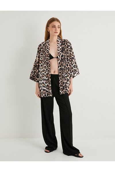 Koton Kimono mit Leopardenmuster, 3/4-Ärmel, Hüftlänge, lockere Passform