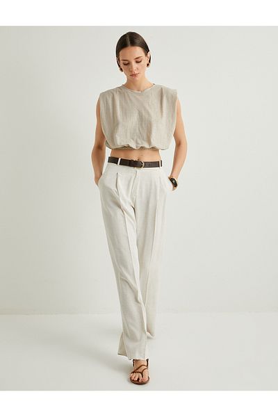 Koton Crop Μπλούζα Crew Λαιμόκοψη Αμάνικη ελαστική μέση