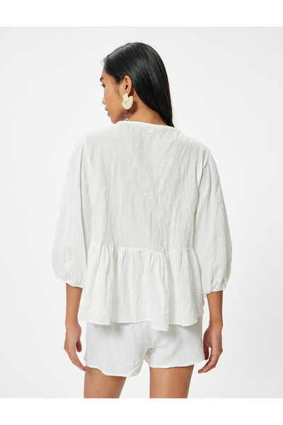 Koton Ethnic Patterned Cotton Blouse - Balloon Sleeve, Tie-Up Collar and Comfortable Fit