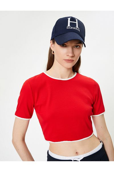 Koton Slim Fit Crop T-Shirt - Short Sleeve, Crew Neck, Camisole Color Contrast