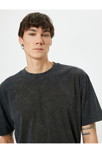 Koton Crew Neck Washed Cotton T-Shirt - Slogan Embroidered, Short Sleeve