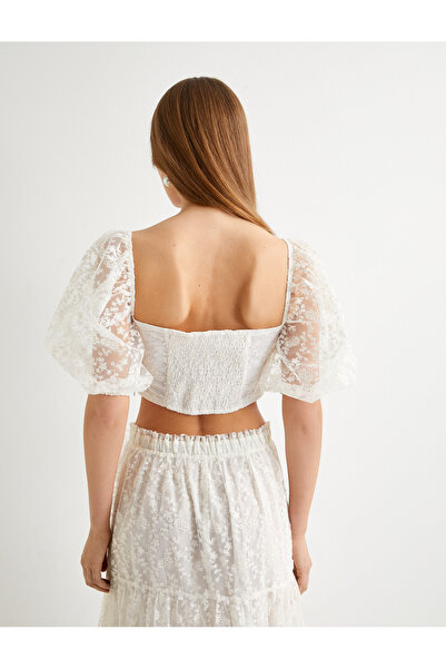 Koton Balloon Sleeve Square Neck Crop Lace Blouse