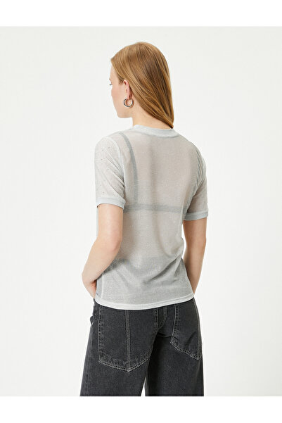 Koton Tricou cu sclipici metalic cu bijuterii strălucitoare cu gât