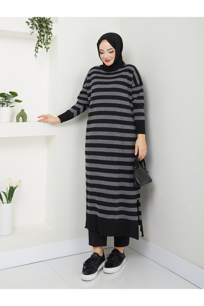 MODAMÜNASİP Υπέροχο ριγέ πλεκτό φόρεμα