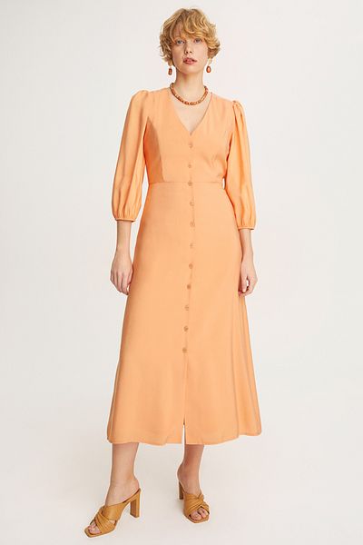 Perspective Freya Regular Fit V-neck Midi Length Orange Color Dress