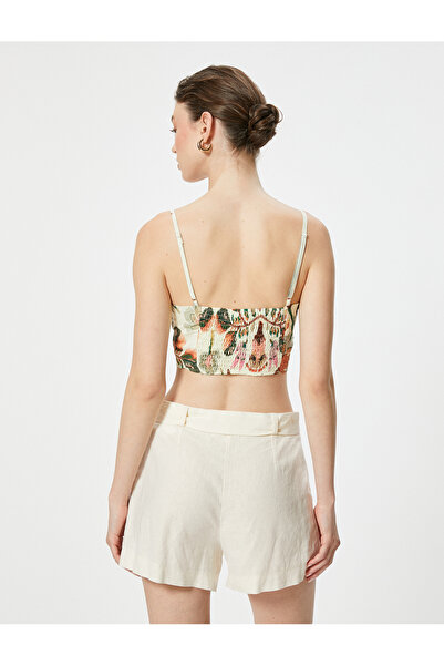 Koton Floral Crop Bustier Slim Strap Square Neck Viscose Fabric