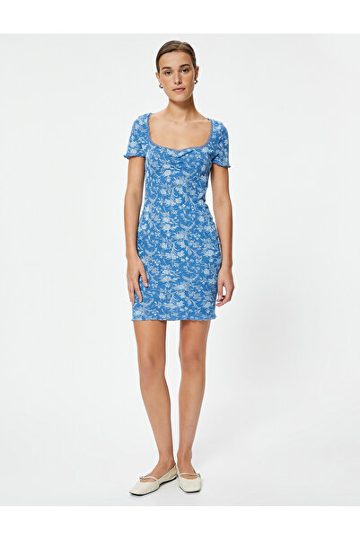Koton Çiçekli Mini Kalem Elbise Kısa Kollu Slim Fit Pamuklu