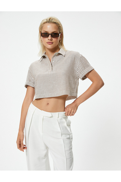 Koton Half Button Detailed Short Sleeve Crop Shirt