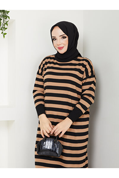 MODAMÜNASİP Υπέροχο ριγέ πλεκτό φόρεμα