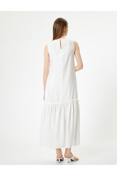 Koton Viscose Long Sleeveless Dress - Frilly Skirt, Lined, Crew Neck