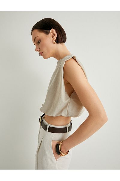 Koton Crop Μπλούζα Crew Λαιμόκοψη Αμάνικη ελαστική μέση