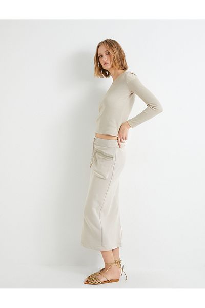 Koton Midi Skirt with Lace-up Waist and Zipper Pocket
