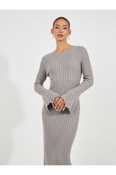 Styli Embellished Bell Sleeves Cable Knit Sweater Midi Dress