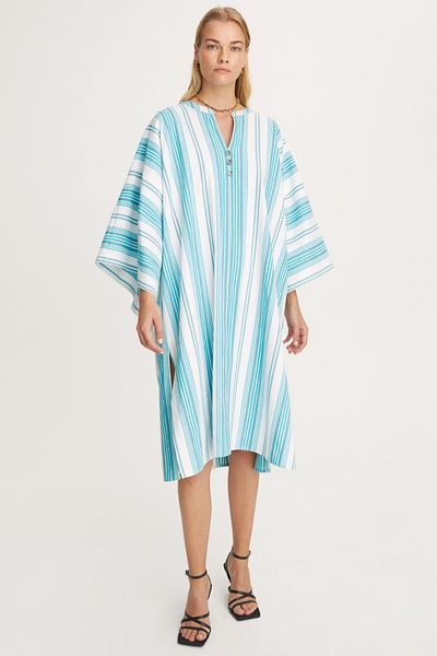 Perspective Φόρεμα Finlay Comfortable Fit Midi με λαιμόκοψη V, με ριγέ σχέδιο σε τιρκουάζ χρώμα