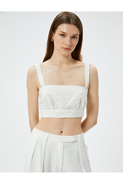 Koton Viscose Square Collar Strap Scallop Crop Top
