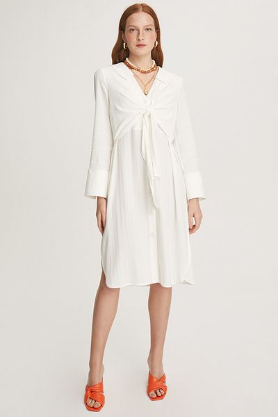 Perspective Cassey Comfortable Shirt Collar Midi Length Ecru Color Dress