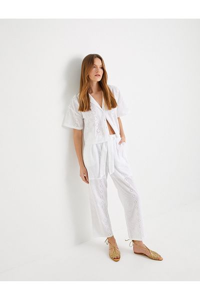 Koton Cotton Scallop Pants - Regular Waist, Belted Straight Leg and Pocket
