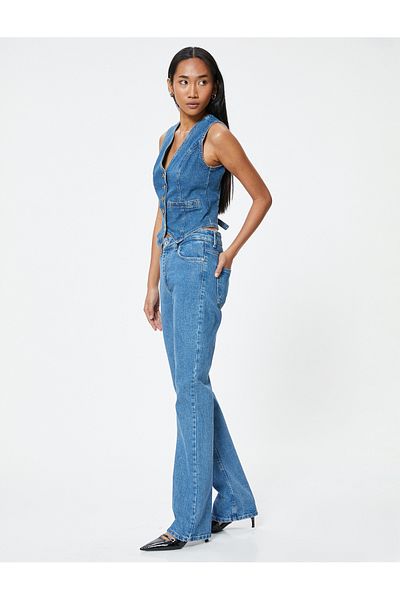 Koton Pantaloni din denim cu paiete cu paiete, talie înaltă, cu detaliu cu fante - Blugi Victoria Slim Flare