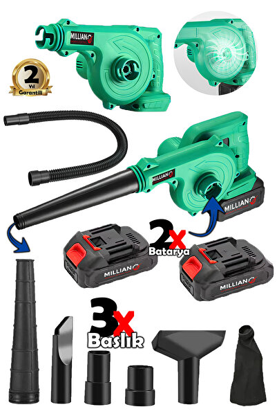 Millian Çift Akülü Devir Ayarlı Şarjlı Hava Üfleme Çekme Toz Toplama Süpürge Makinesi + 3 Başlık