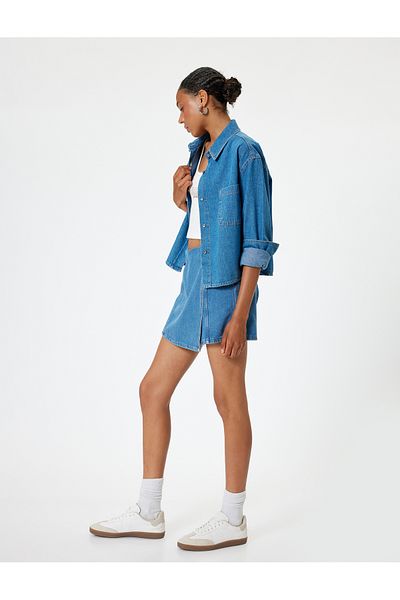 Koton Locker geschnittener Mini-Jeans-Shorts-Rock – mit Knopfleiste und Nahtdetails