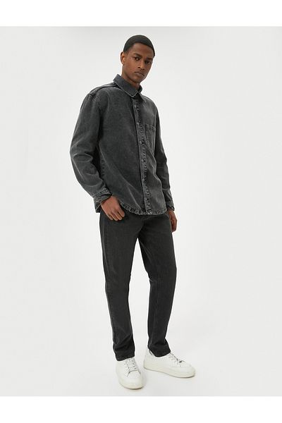 Koton Langärmlige Jeansjacke aus Baumwolle – Einzeltasche, gewaschener klassischer Kragen