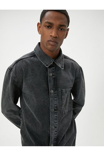 Koton Langärmlige Jeansjacke aus Baumwolle – Einzeltasche, gewaschener klassischer Kragen