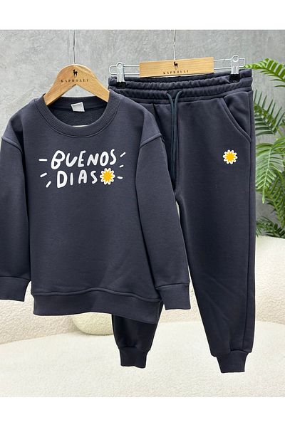 KAPROLLI 100% Cotton Children's Bottom Top Tracksuit Set 3 Thread Rasterless Crew Neck Nursery School Set