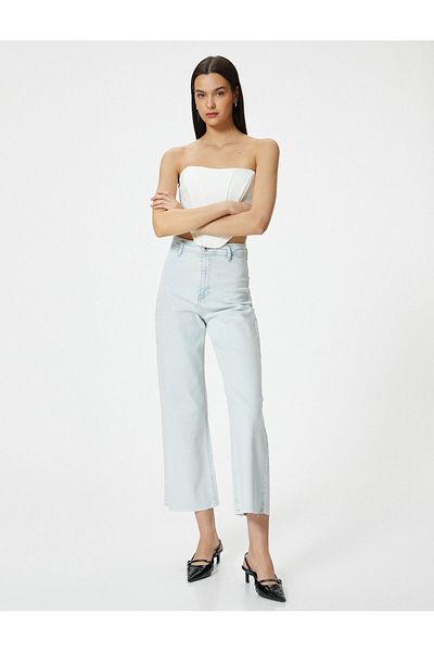 Koton Weite Jeans mit kurzem Bein, hohe Taille, dehnbar, bequeme Passform, Tasche, Baumwolle - Sandra Jeans