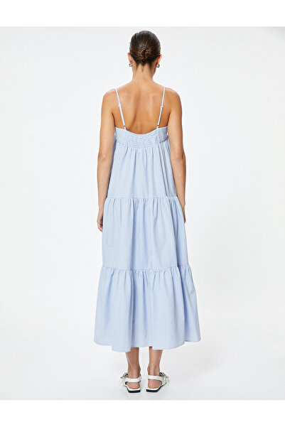 Koton Midi Askılı Çizgili Elbise Arkası Gipe Detaylı Düğmeli Katlı Rahat Kalıp