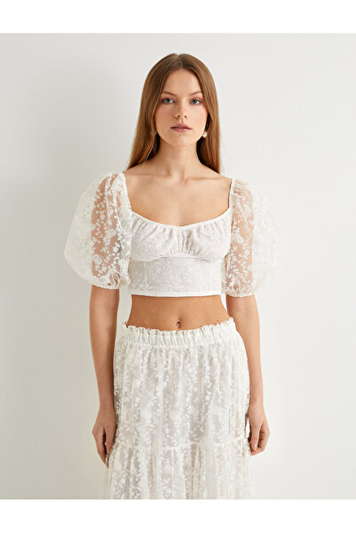 Koton Balloon Sleeve Square Neck Crop Lace Blouse